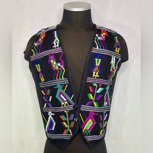 Vintage Guatemala Vest Black Size S/M Multicolor Mayan Embroidered Folk Art
